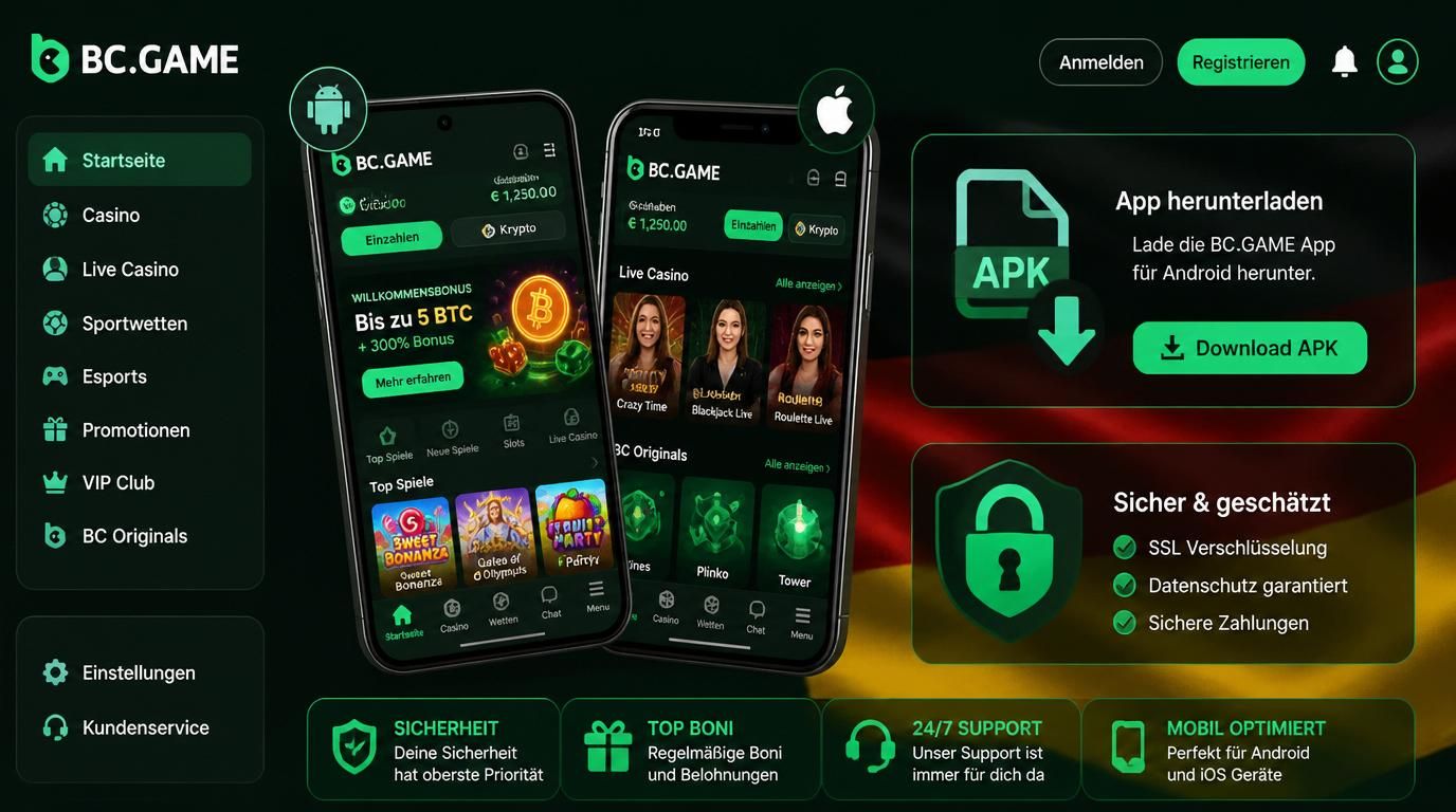 Ein Gerät zeigt Android mit APK-Download-Bildschirm, ein anderes iOS mit dem „Zum Home-Bildschirm“-Hinweis.