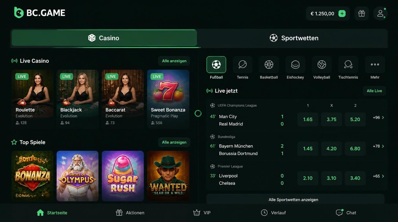 Bildschirm mit geteiltem Interface: einerseits Casino Spiele, andererseits Sportwetten-Sektion, Tabs dazwischen.
