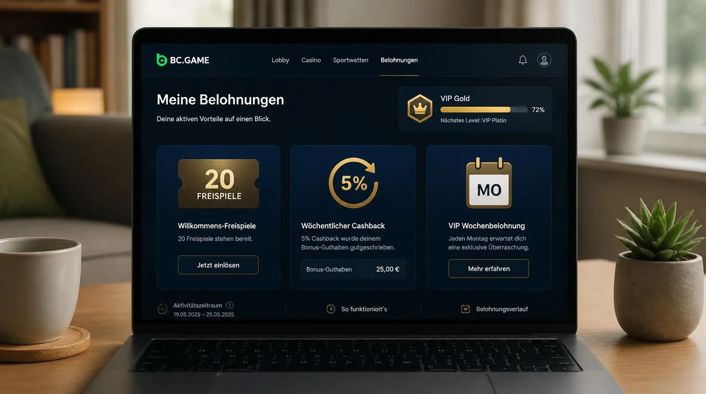 Casino-Dashboard mit wöchentlichem Cashback, VIP-Prämie und Freispielen