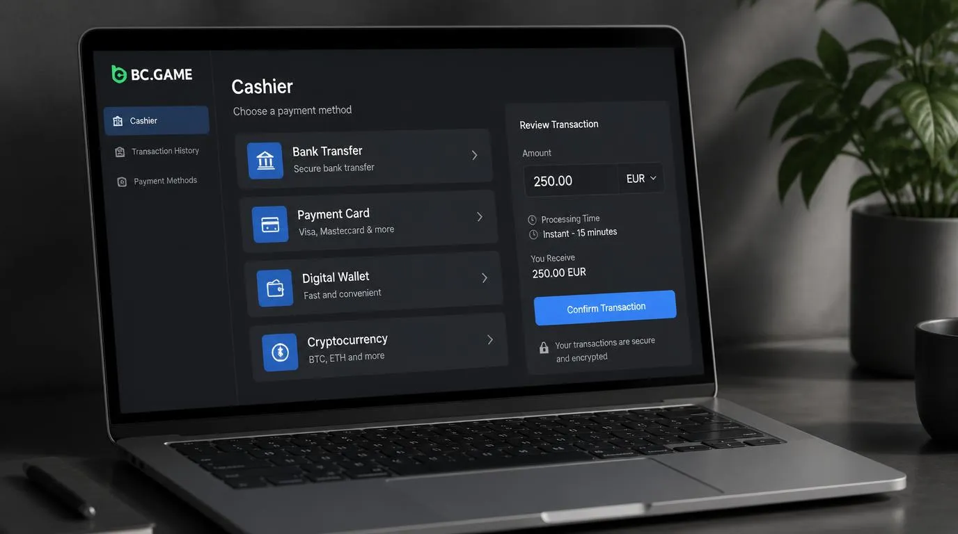 Übersicht einer Casino-Kasse mit Karte, E-Wallet, Banküberweisung und Kryptowährung