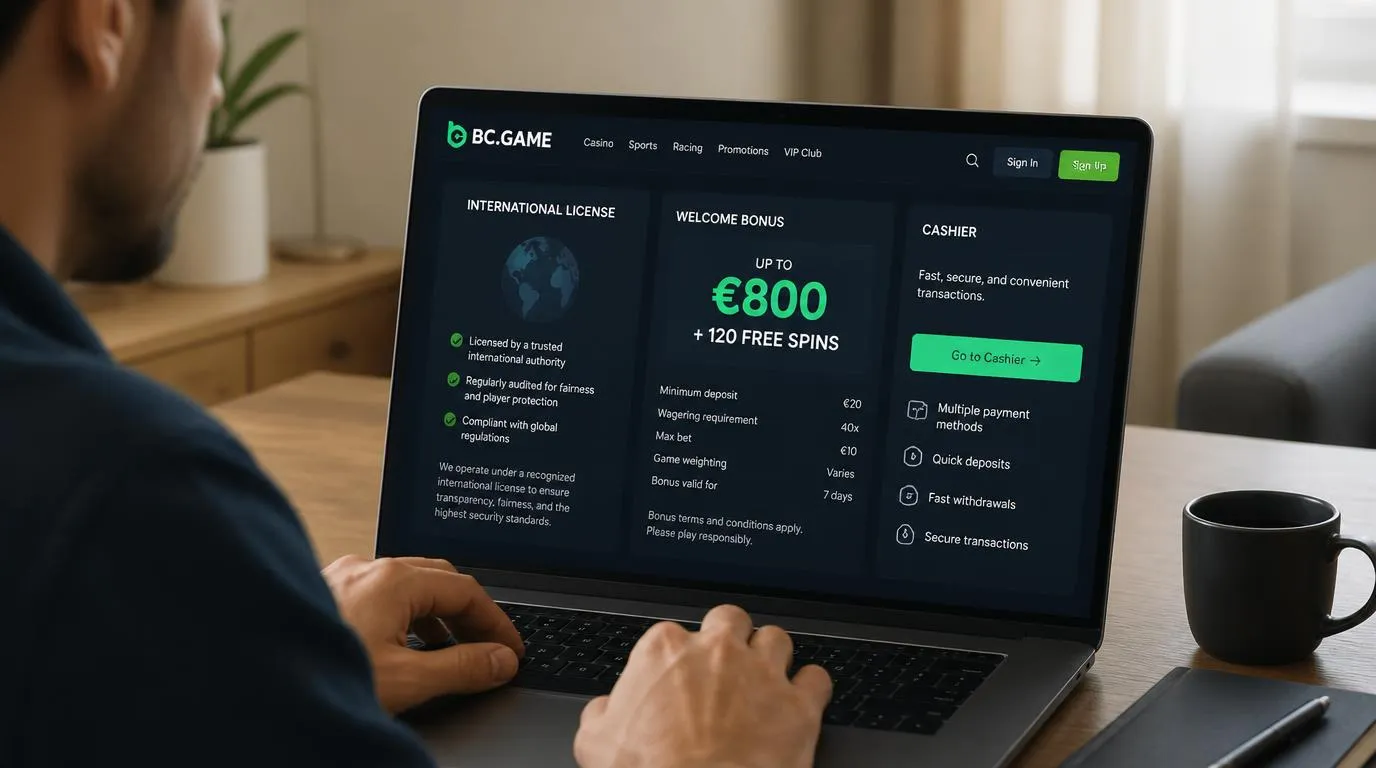 Casino-Oberfläche mit Lizenzhinweis, Willkommensbonus und hervorgehobener Kasse