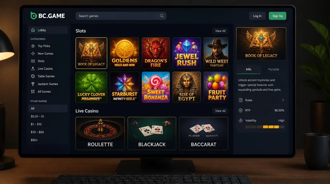 Casino-Lobby mit Slot-Kacheln, digitalen Tischspielen und Filtern für Einsatzhöhe und Spielart