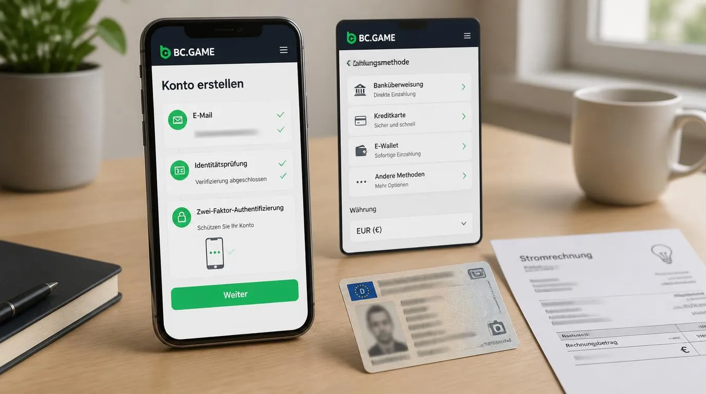 Smartphone mit Registrierung und Dokumentenprüfung neben Ausweis und Adressnachweis